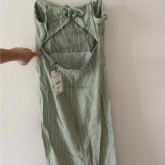 NWT ZARA Linen Blend Midi Corset Dress Green/White Striped M - Picture 3 of 11